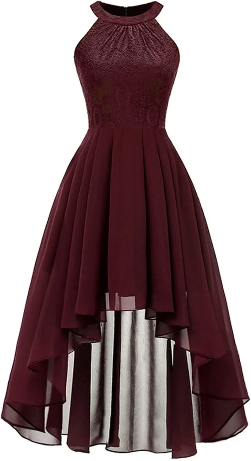 Wedding Guest Dresses for Women Trendy Lace Halter Neck Sleeveless Midi Dress Elegant Ladies High Low Hem Prom Dress