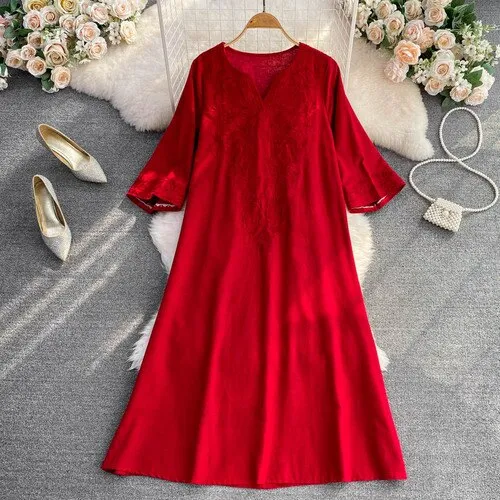 Women Floral Embroidered Vintage Chic Dress