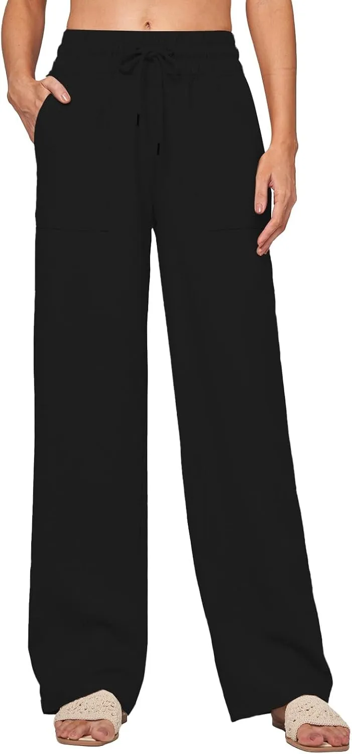 Womens Linen Pants Wide Leg Elastic High Waist Pants Summer Casual Work Long Trousers with Pockets Lounge Wear