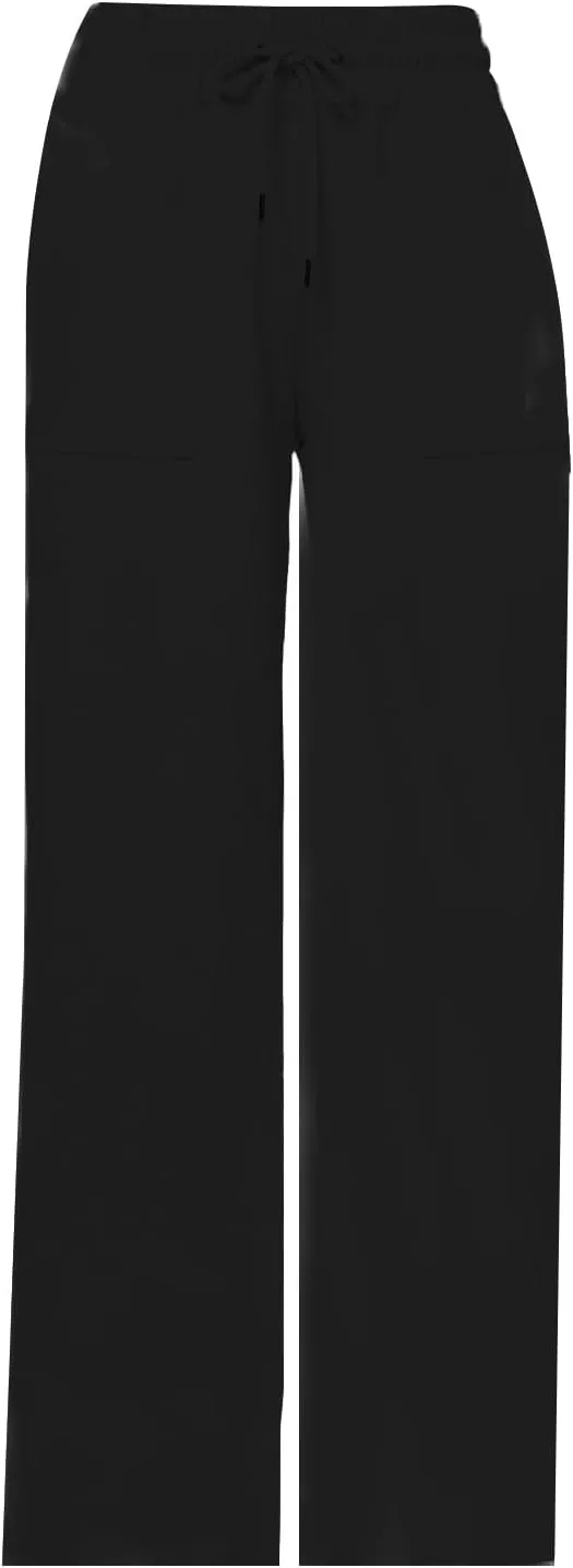 Womens Linen Pants Wide Leg Elastic High Waist Pants Summer Casual Work Long Trousers with Pockets Lounge Wear