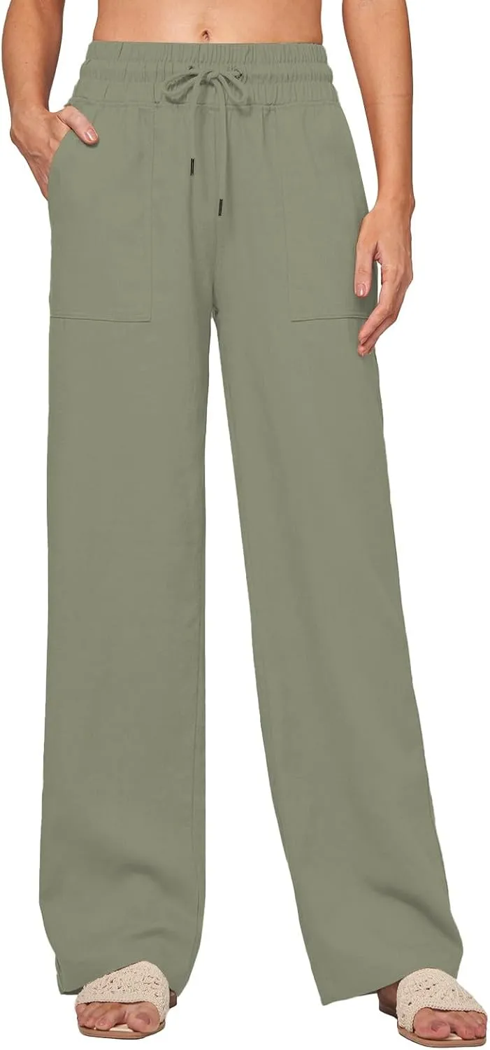 Womens Linen Pants Wide Leg Elastic High Waist Pants Summer Casual Work Long Trousers with Pockets Lounge Wear