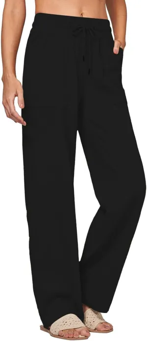 Womens Linen Pants Wide Leg Elastic High Waist Pants Summer Casual Work Long Trousers with Pockets Lounge Wear