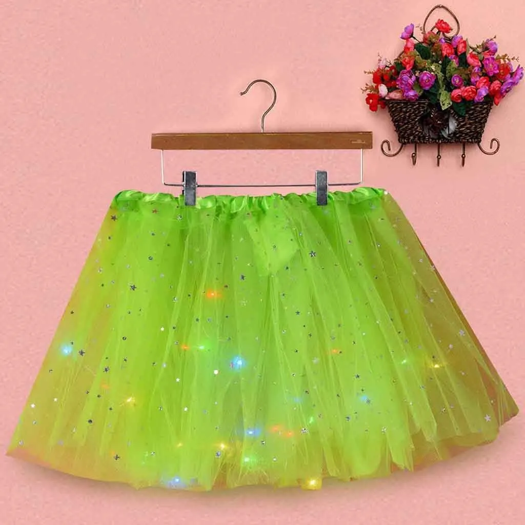 Womens Small Bulb Pleated Princess Skirt Fashion Star Sequin Mini Skirts Tulle Bubble Tutu Skirt Prom Party Shiny Skirt
